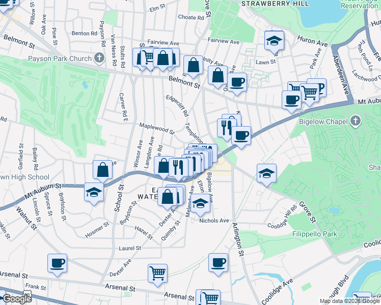 map of restaurants, bars, coffee shops, grocery stores, and more near 57 Clayton Street in Watertown