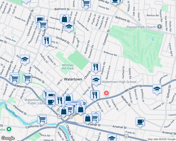 map of restaurants, bars, coffee shops, grocery stores, and more near 165 Church Street in Watertown