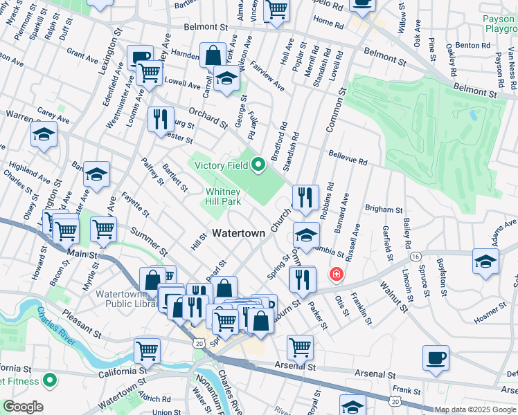 map of restaurants, bars, coffee shops, grocery stores, and more near 145 Church Street in Watertown