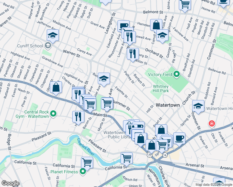 map of restaurants, bars, coffee shops, grocery stores, and more near 62 Forest Street in Watertown