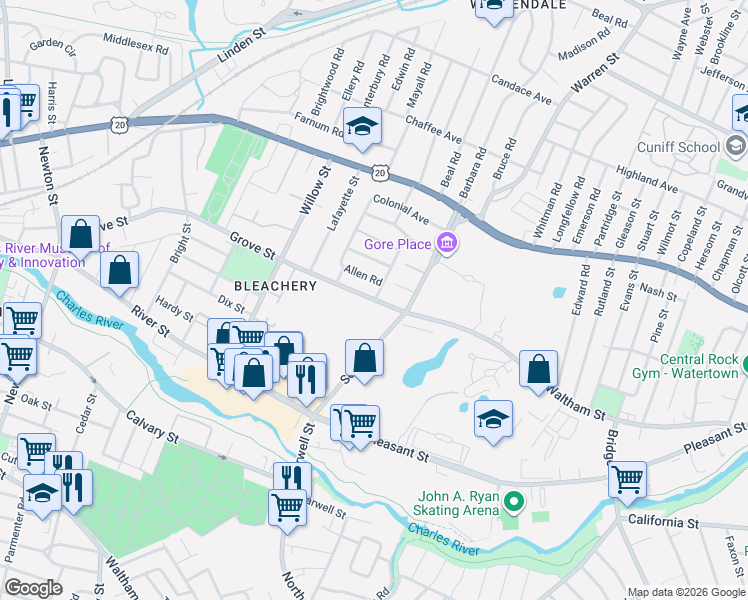 map of restaurants, bars, coffee shops, grocery stores, and more near 91 Grove Street in Waltham
