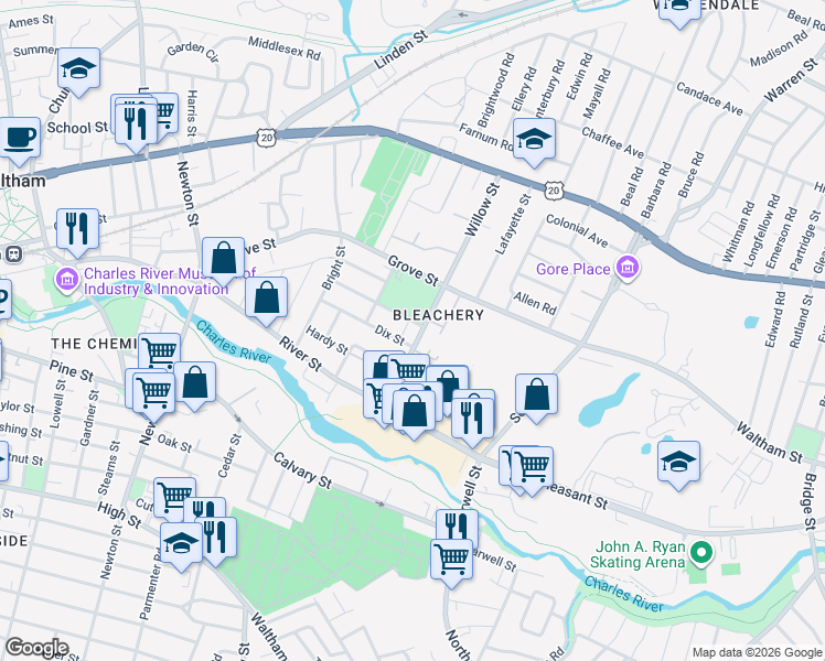 map of restaurants, bars, coffee shops, grocery stores, and more near 147 Willow Street in Waltham