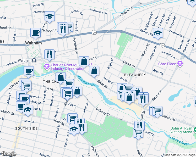 map of restaurants, bars, coffee shops, grocery stores, and more near 163 Bright Street in Waltham