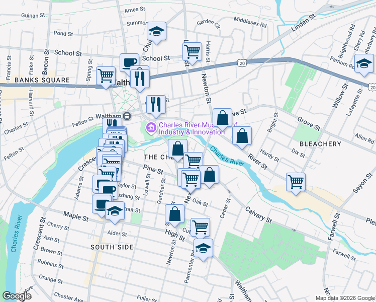 map of restaurants, bars, coffee shops, grocery stores, and more near 29 Mc Kenn Street in Waltham