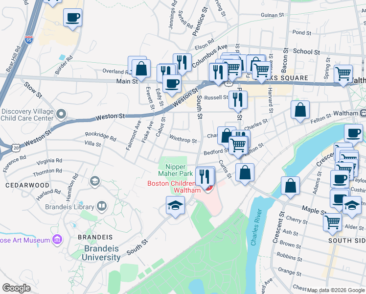 map of restaurants, bars, coffee shops, grocery stores, and more near 18 Pearl Street in Waltham
