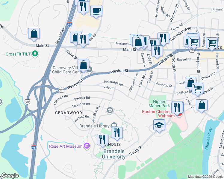 map of restaurants, bars, coffee shops, grocery stores, and more near 95 Villa Street in Waltham