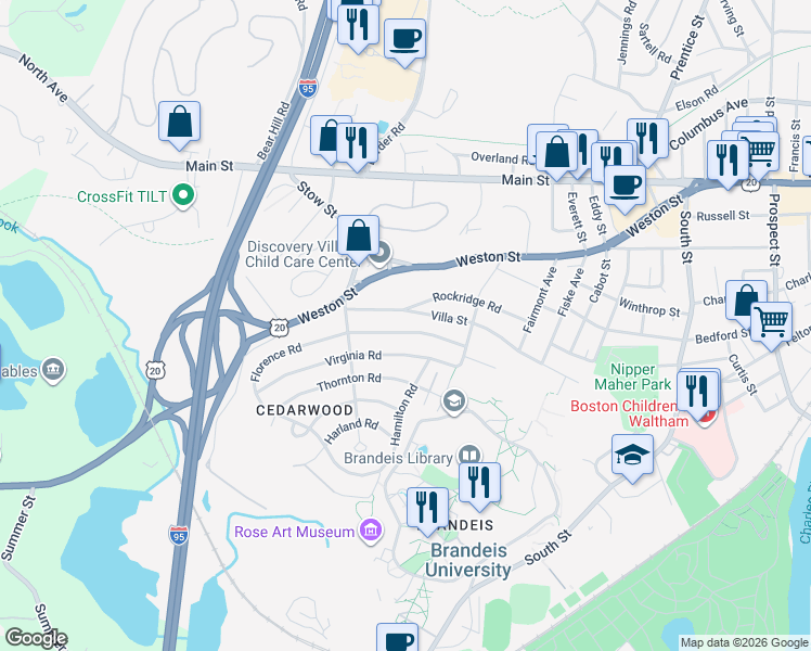 map of restaurants, bars, coffee shops, grocery stores, and more near 39 Florence Road in Waltham
