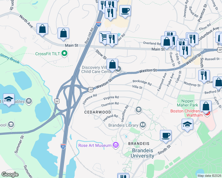 map of restaurants, bars, coffee shops, grocery stores, and more near 23 Cedarwood Avenue in Waltham