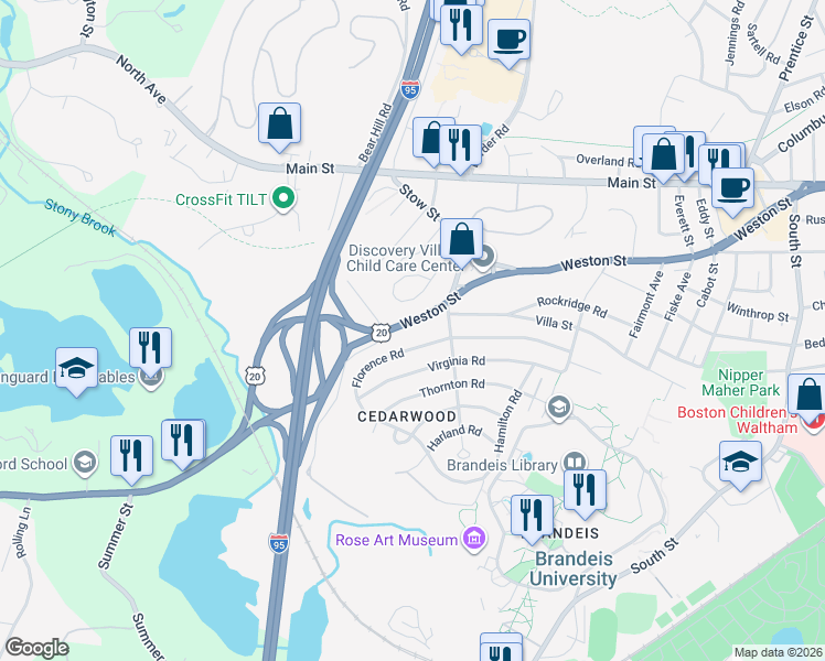 map of restaurants, bars, coffee shops, grocery stores, and more near 368 Weston Street in Waltham
