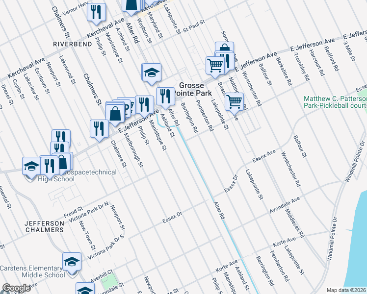 map of restaurants, bars, coffee shops, grocery stores, and more near 732 Ashland Street in Detroit