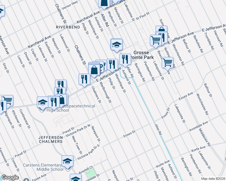 map of restaurants, bars, coffee shops, grocery stores, and more near 803 Philip Street in Detroit
