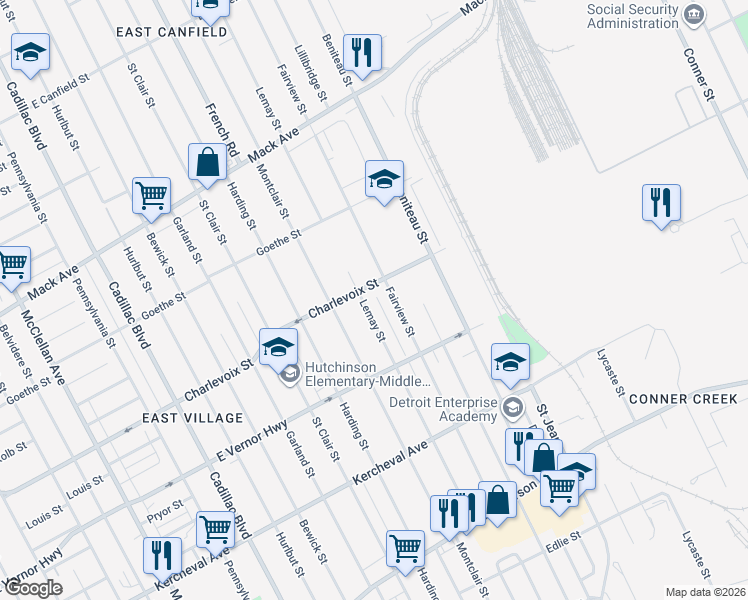 map of restaurants, bars, coffee shops, grocery stores, and more near 2641 Fairview Street in Detroit