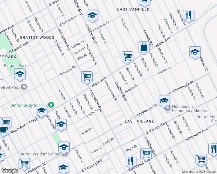 map of restaurants, bars, coffee shops, grocery stores, and more near 9385 Lessing Street in Detroit