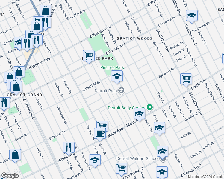 map of restaurants, bars, coffee shops, grocery stores, and more near 4180 Seminole Street in Detroit