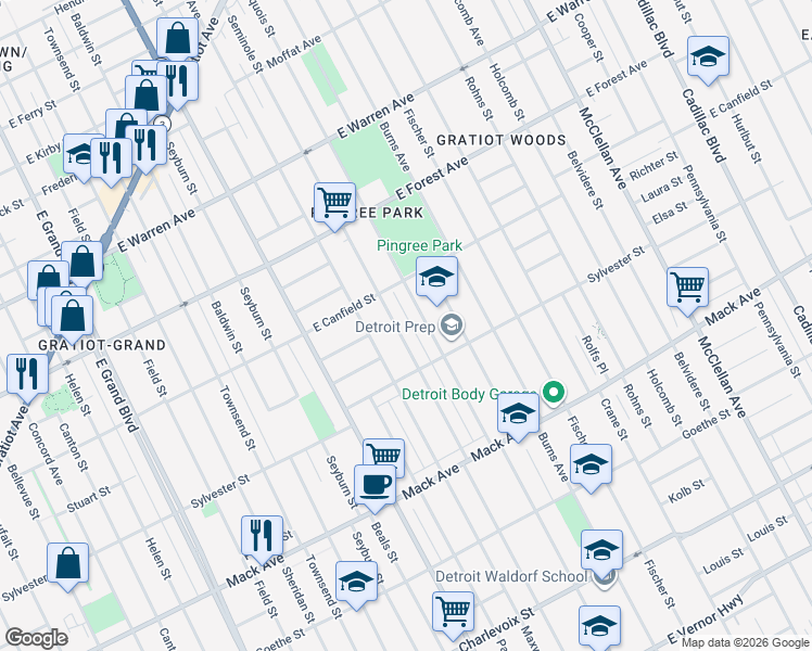 map of restaurants, bars, coffee shops, grocery stores, and more near 4180 Seminole Street in Detroit