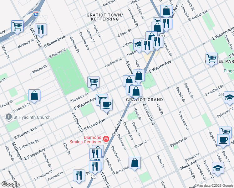 map of restaurants, bars, coffee shops, grocery stores, and more near 4826 Concord Avenue in Detroit