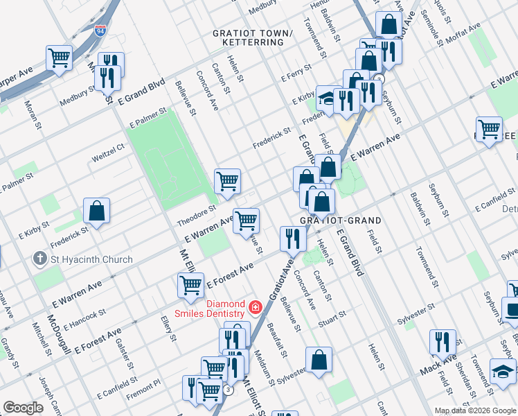 map of restaurants, bars, coffee shops, grocery stores, and more near 4826 Concord Avenue in Detroit
