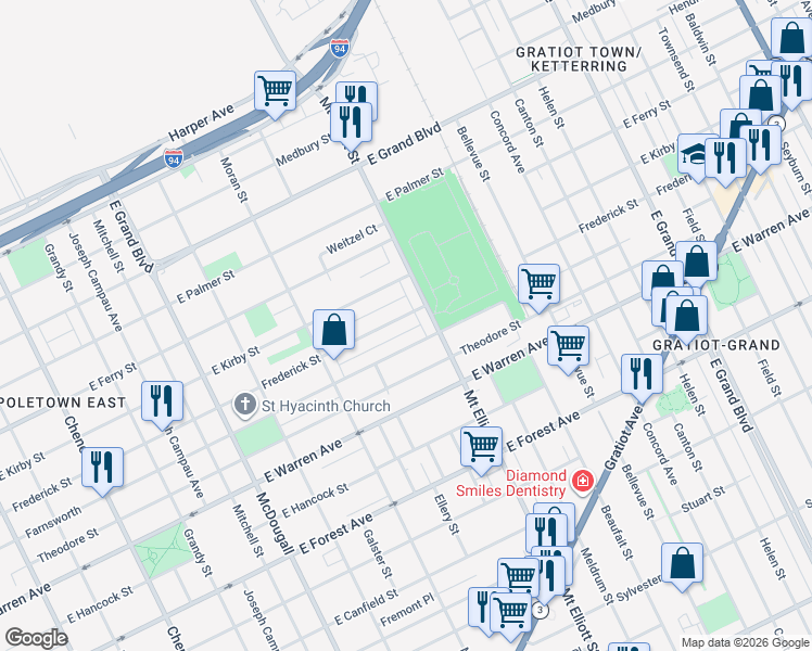 map of restaurants, bars, coffee shops, grocery stores, and more near 3709 Farnsworth Street in Detroit