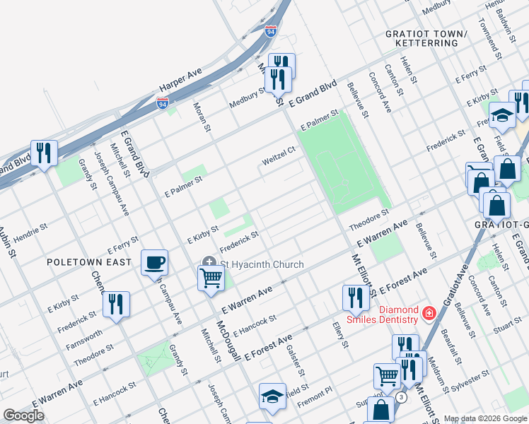 map of restaurants, bars, coffee shops, grocery stores, and more near 3560 East Kirby Street in Detroit