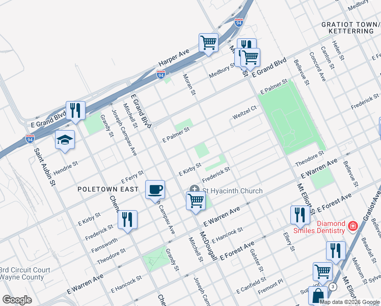 map of restaurants, bars, coffee shops, grocery stores, and more near 3176 East Ferry Street in Detroit