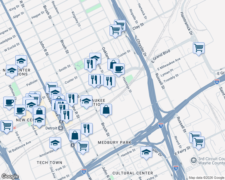 map of restaurants, bars, coffee shops, grocery stores, and more near 575 East Milwaukee Avenue in Detroit
