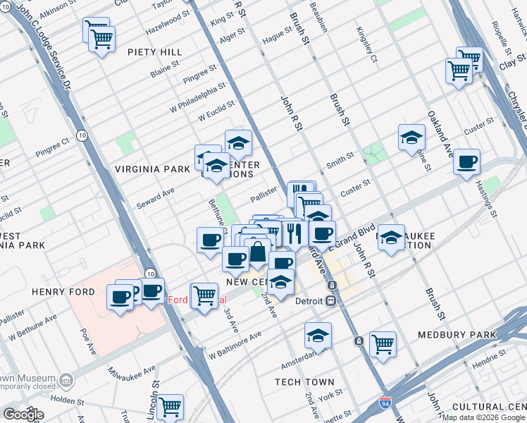 map of restaurants, bars, coffee shops, grocery stores, and more near 58 West Bethune Avenue in Detroit