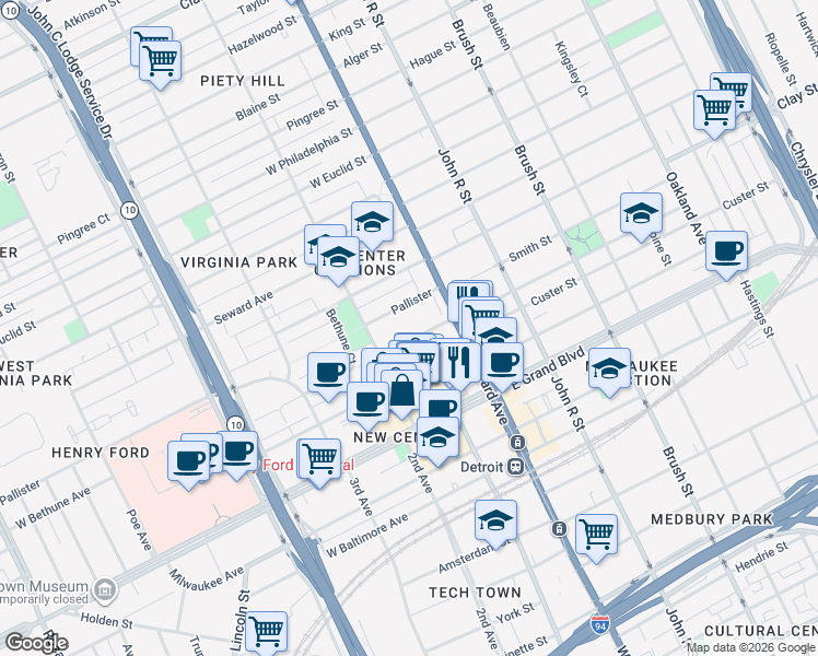 map of restaurants, bars, coffee shops, grocery stores, and more near 58 West Bethune Avenue in Detroit