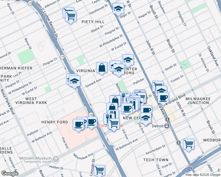 map of restaurants, bars, coffee shops, grocery stores, and more near 707 Delaware Street in Detroit