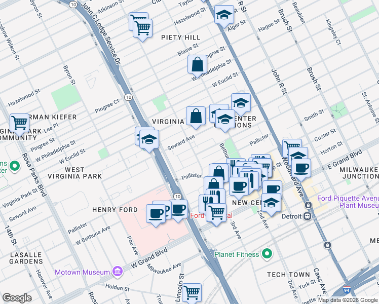 map of restaurants, bars, coffee shops, grocery stores, and more near 8006 3rd Avenue in Detroit