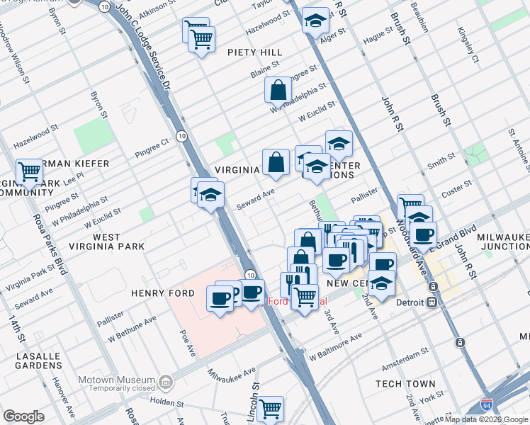 map of restaurants, bars, coffee shops, grocery stores, and more near 8006 3rd Avenue in Detroit