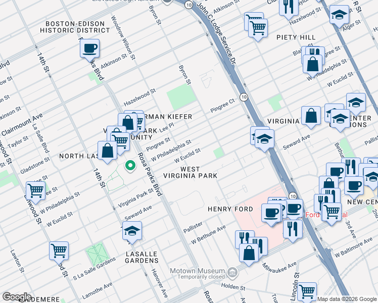 map of restaurants, bars, coffee shops, grocery stores, and more near 1560 West Euclid Street in Detroit