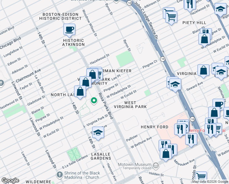 map of restaurants, bars, coffee shops, grocery stores, and more near 1641 West Philadelphia Street in Detroit