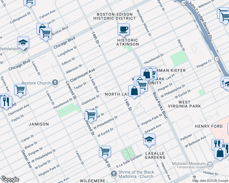 map of restaurants, bars, coffee shops, grocery stores, and more near 2224 Blaine Street in Detroit