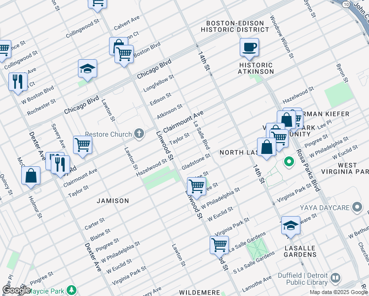 map of restaurants, bars, coffee shops, grocery stores, and more near 2484 Hazelwood Street in Detroit