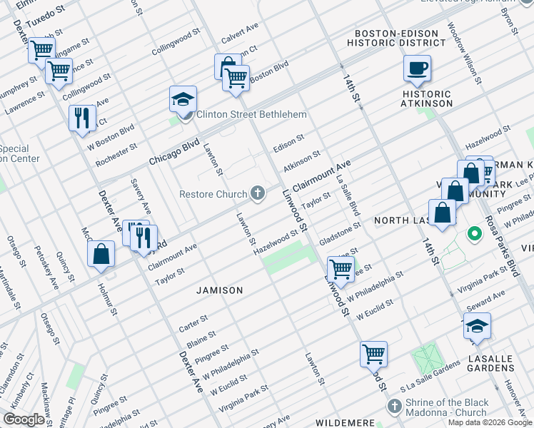 map of restaurants, bars, coffee shops, grocery stores, and more near 2660 Taylor Street in Detroit