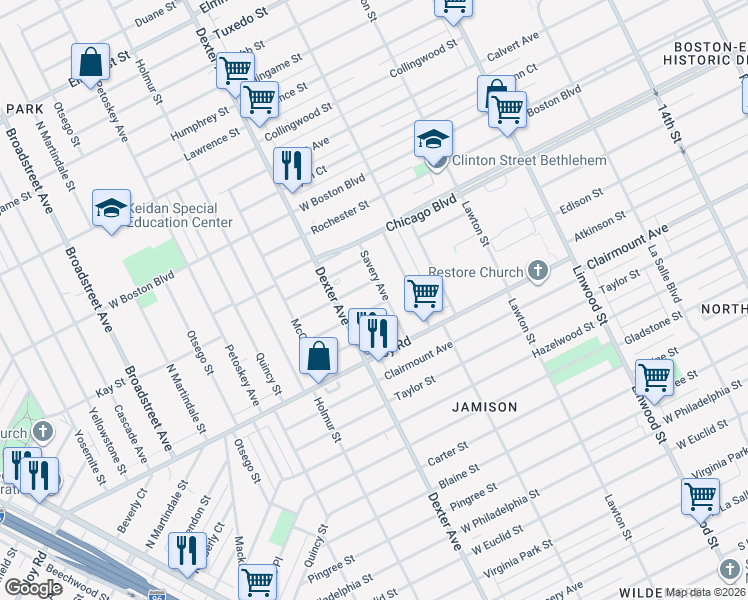 map of restaurants, bars, coffee shops, grocery stores, and more near 3464 Wager Avenue in Detroit