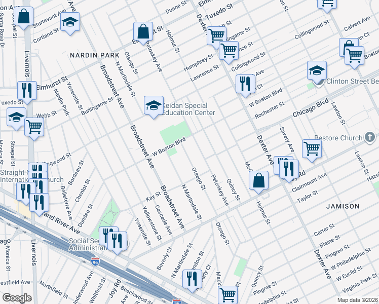 map of restaurants, bars, coffee shops, grocery stores, and more near 9712 Otsego Street in Detroit