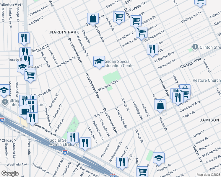 map of restaurants, bars, coffee shops, grocery stores, and more near 9744 North Martindale Street in Detroit