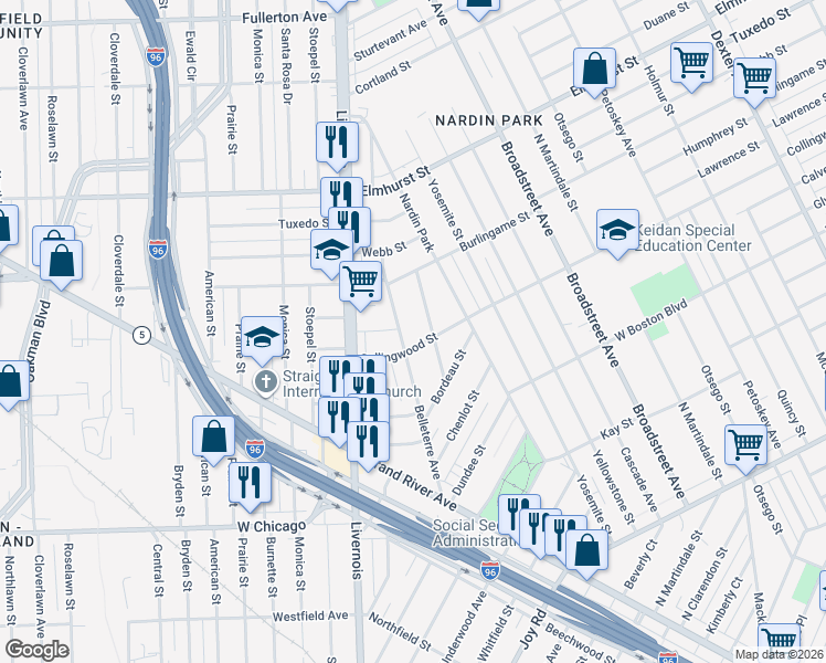 map of restaurants, bars, coffee shops, grocery stores, and more near 5306 Collingwood Street in Detroit