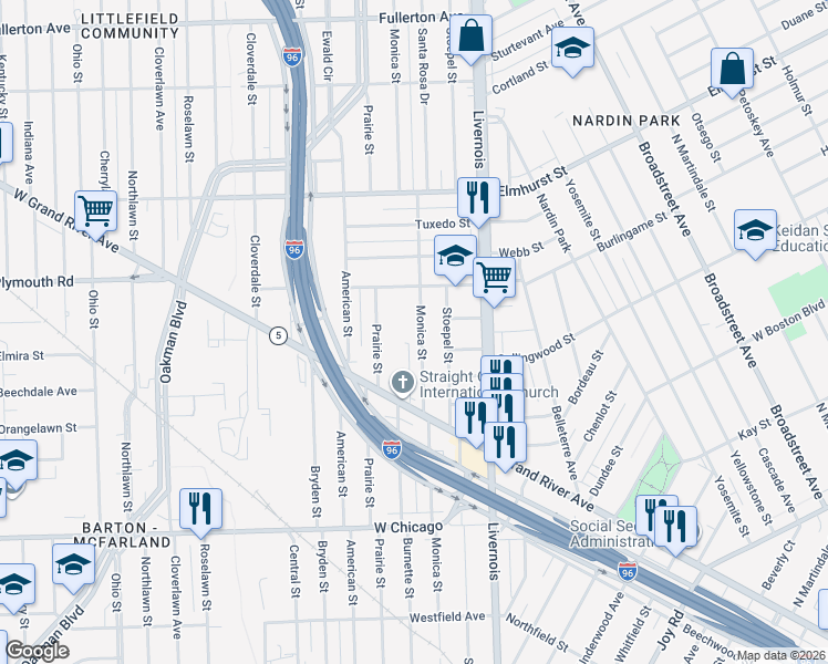 map of restaurants, bars, coffee shops, grocery stores, and more near 10155 Monica Street in Detroit