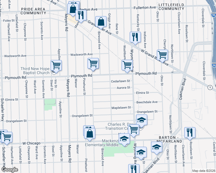 map of restaurants, bars, coffee shops, grocery stores, and more near 10156 Aurora Street in Detroit