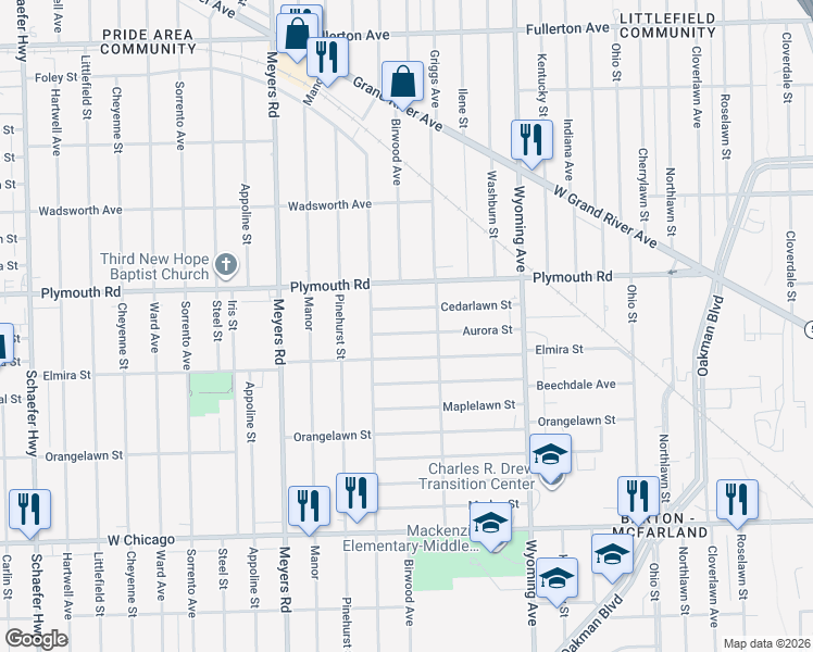 map of restaurants, bars, coffee shops, grocery stores, and more near 10354 Aurora Street in Detroit