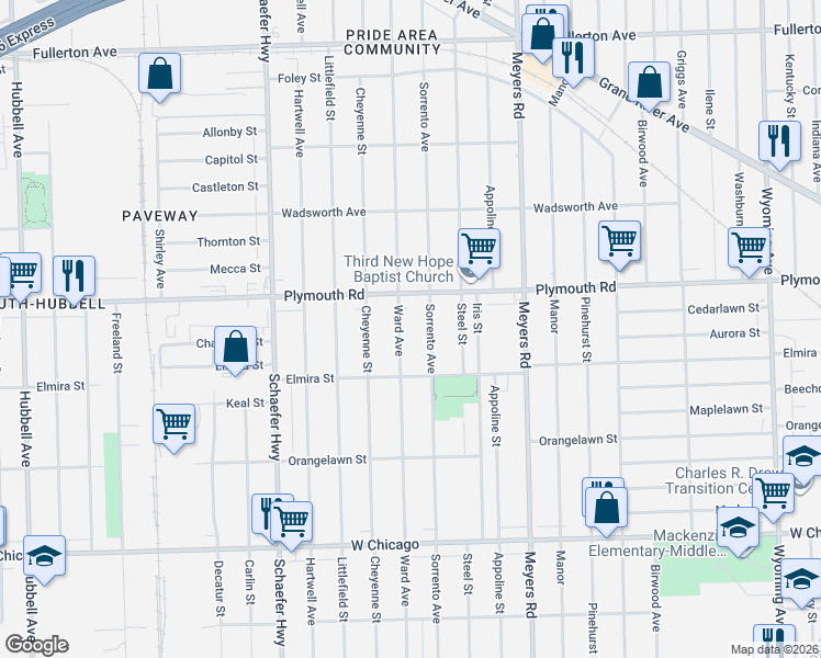 map of restaurants, bars, coffee shops, grocery stores, and more near 11381 Sorrento Avenue in Detroit