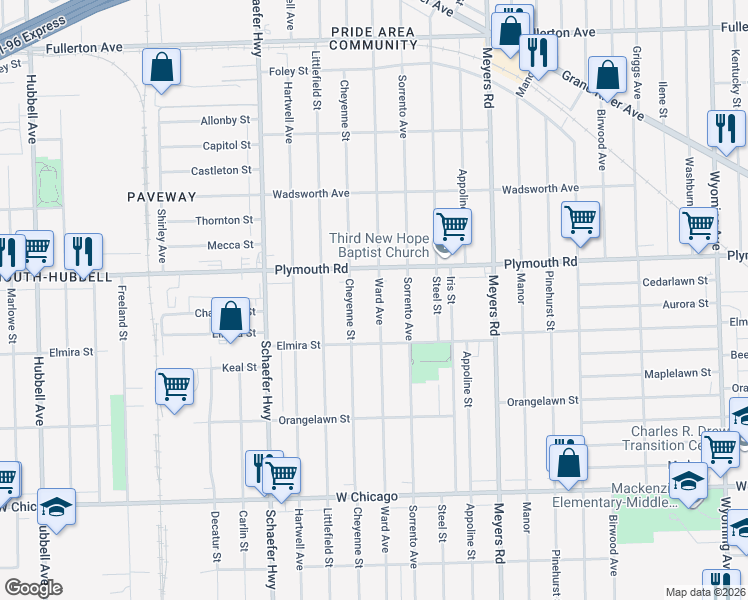 map of restaurants, bars, coffee shops, grocery stores, and more near 11391 Ward Avenue in Detroit
