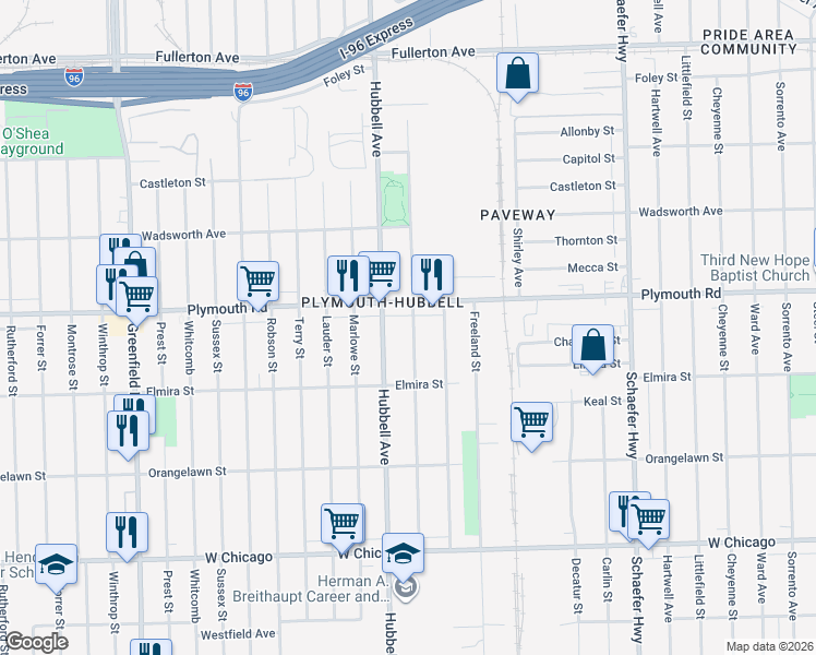 map of restaurants, bars, coffee shops, grocery stores, and more near 11407 Strathmoor Street in Detroit