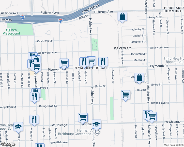 map of restaurants, bars, coffee shops, grocery stores, and more near 11407 Strathmoor Street in Detroit
