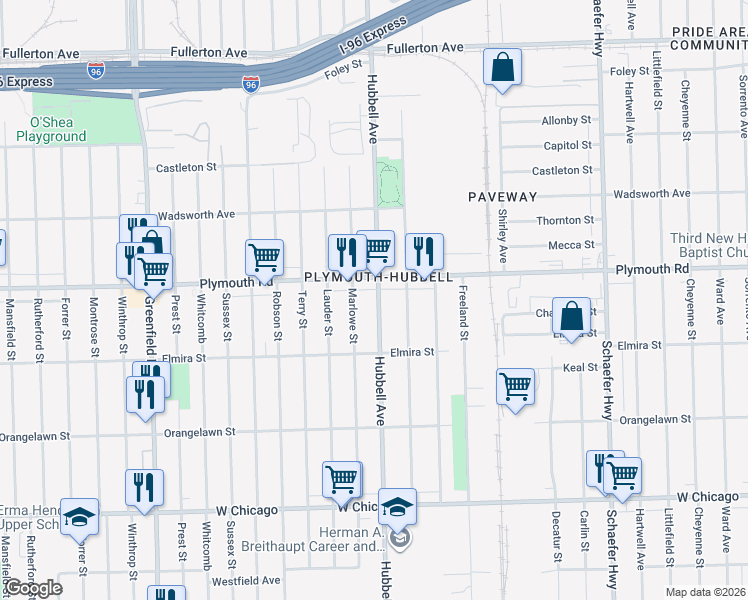 map of restaurants, bars, coffee shops, grocery stores, and more near 11414 Marlowe Street in Detroit