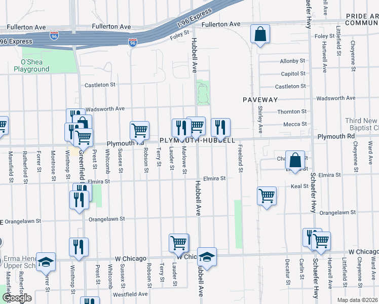 map of restaurants, bars, coffee shops, grocery stores, and more near 11414 Marlowe Street in Detroit