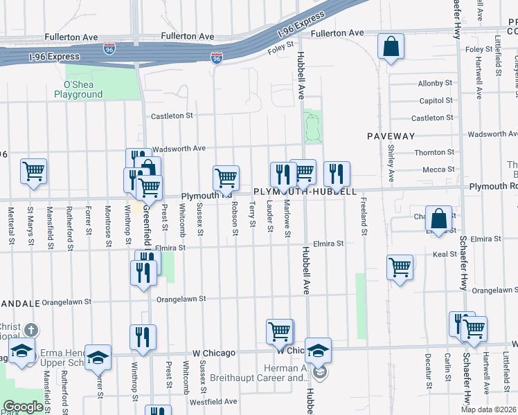 map of restaurants, bars, coffee shops, grocery stores, and more near 11415 Lauder Street in Detroit