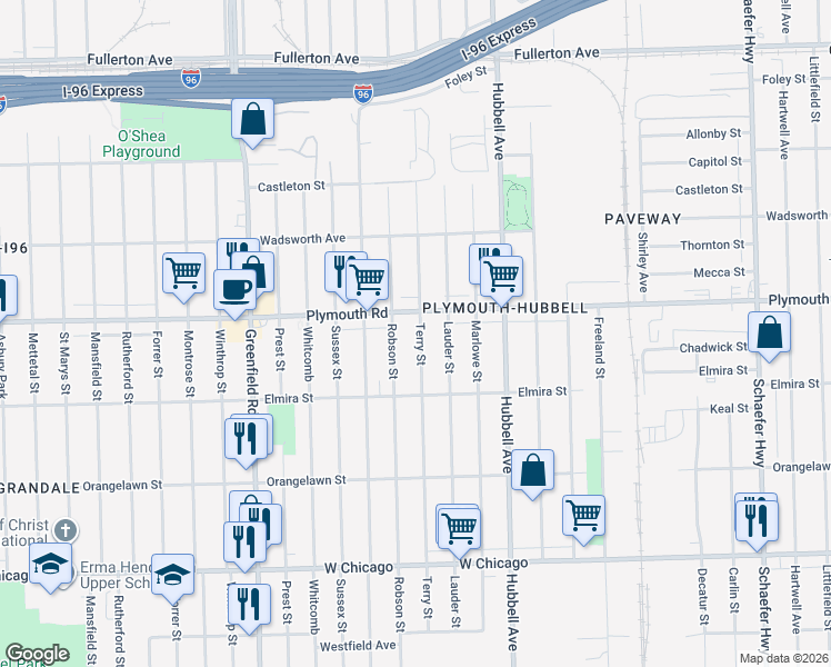 map of restaurants, bars, coffee shops, grocery stores, and more near 11411 Terry Street in Detroit